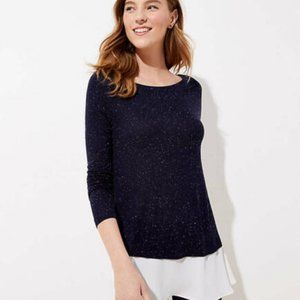 LOFT Flecked Mixed Media Shirttail Top - Forever Navy - Size XS